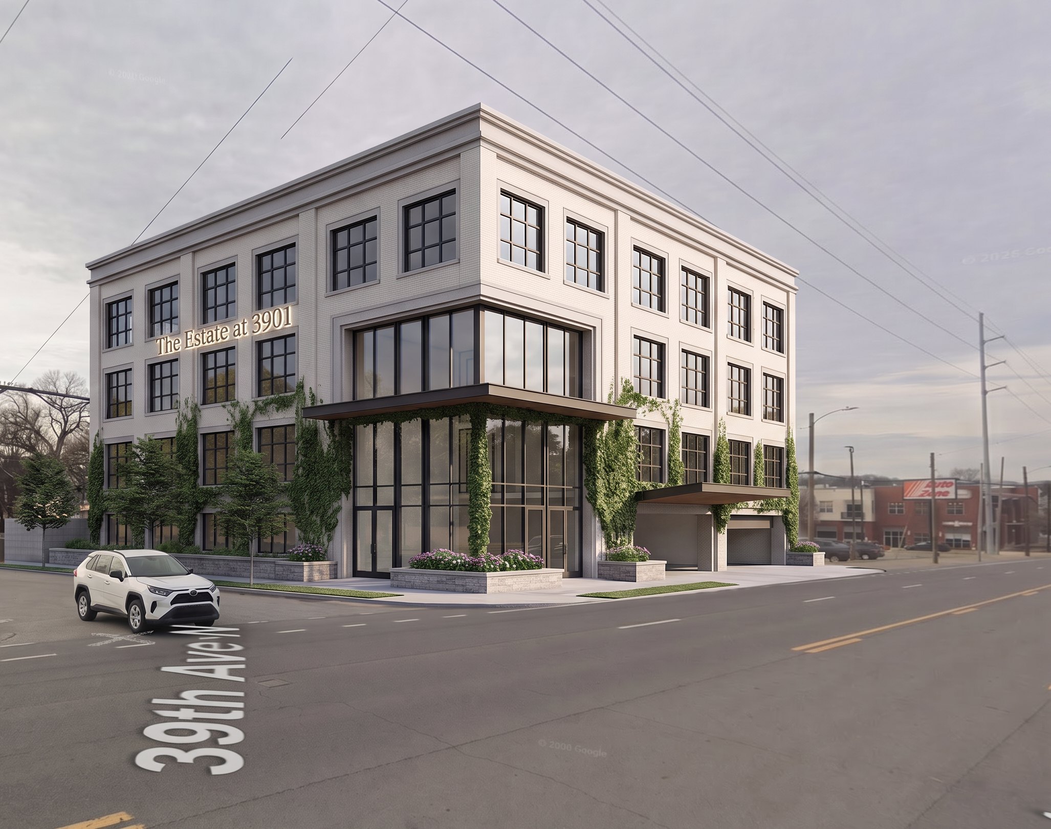 Illustrative four-story concept on the Charlotte Ave and 39th Ave corner, with a pedestrian lobby on Charlotte and valet drop-off and garage entry on 39th Ave